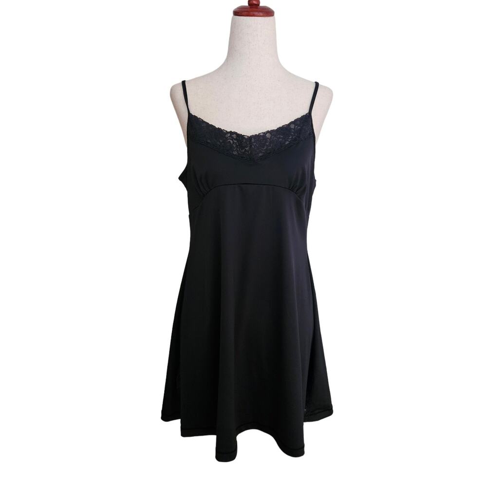 Black Babydoll Slip Dress Lace Trim Slits Adjustable Straps Vintage 90s Medium
